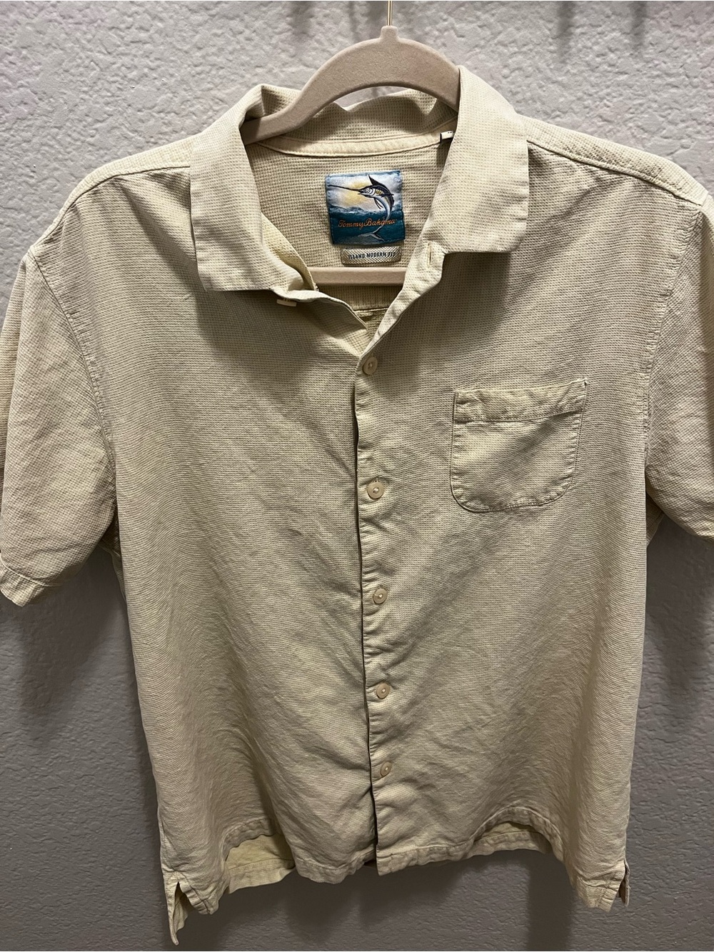 Tommy Bahama Mens Large Beige Silk Blend Short Sleeve Camp Button Up Shirt